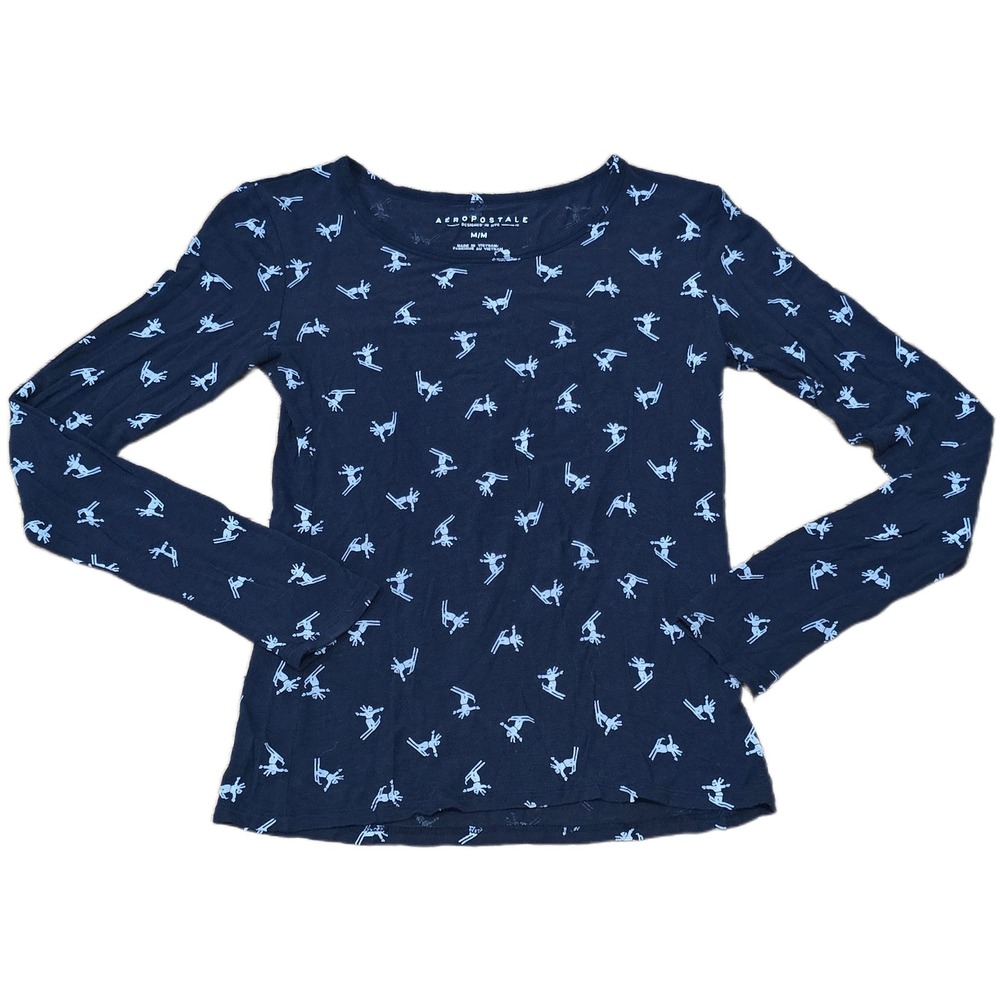 Aeropostale Womens‎ Navy Blue Skier Print Long Sleeve Top Crew Neck Medium